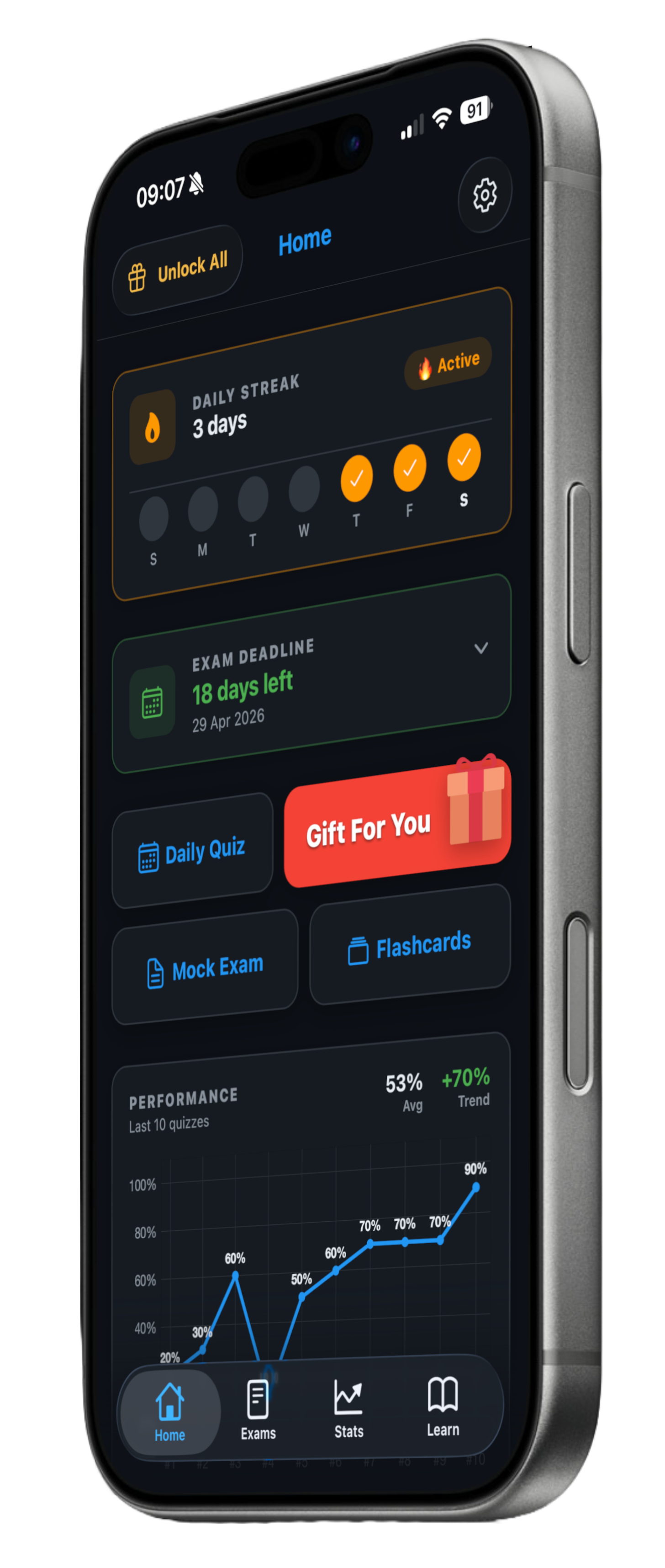 OAR Prep home screen showing a study streak, test-date countdown, daily quiz, mock exam and flashcards